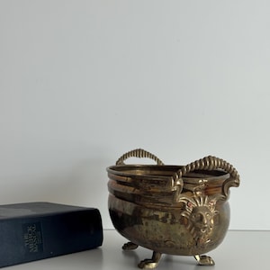 Vintage Brass Lion Head Planter: Oval Footed Bin, Indoor/Outdoor Decor