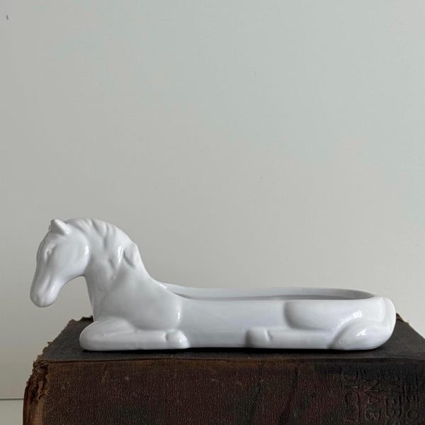 Antique White Ceramic Horse Trinket Dish | Vintage Home Decor