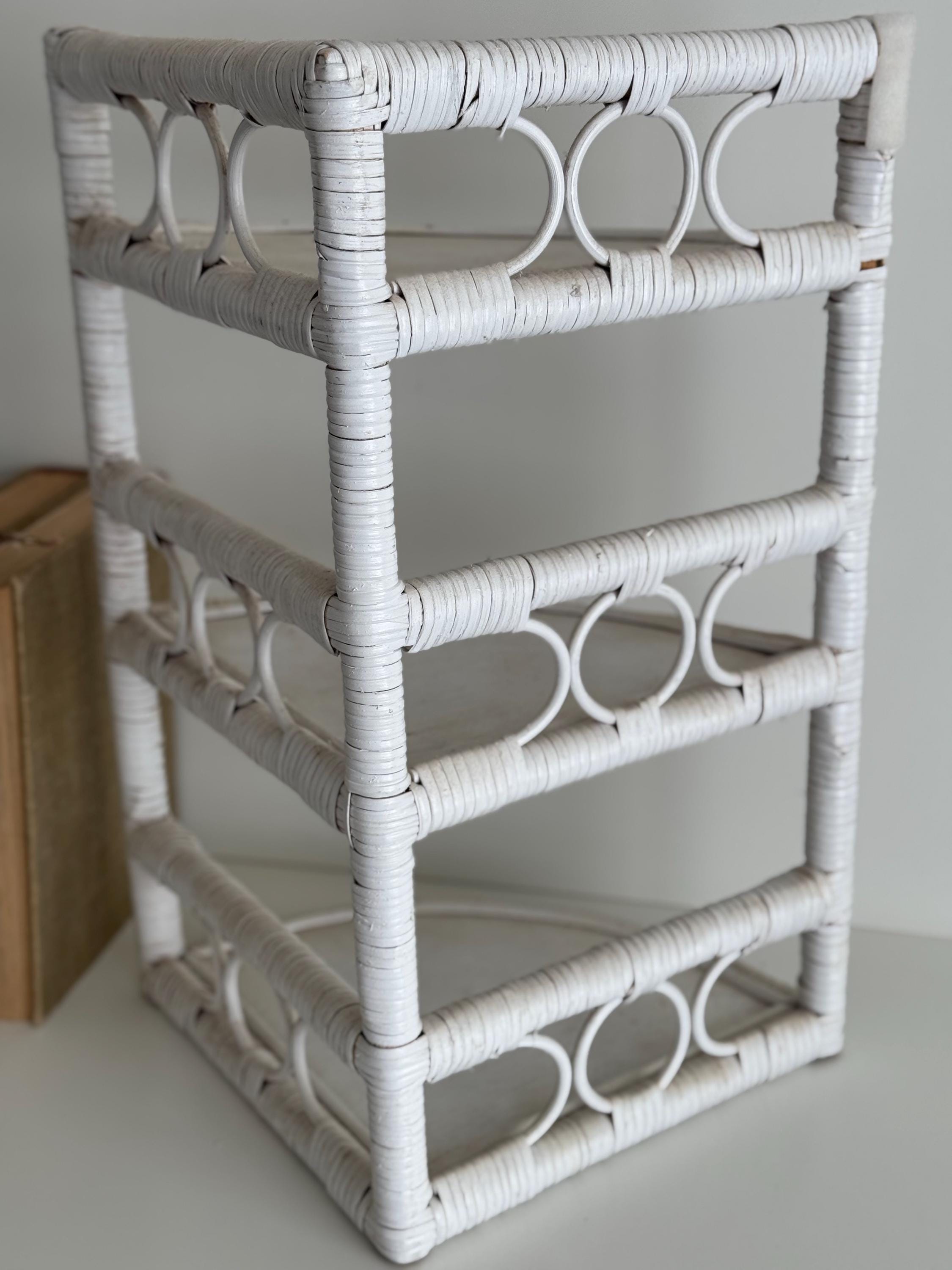Vintage White Wicker Corner Shelf, Vintage Home Decor