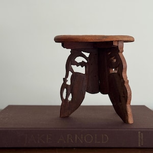 Vintage Hand-Carved Wooden Plant Stand | Indian Inlaid Floral Stool