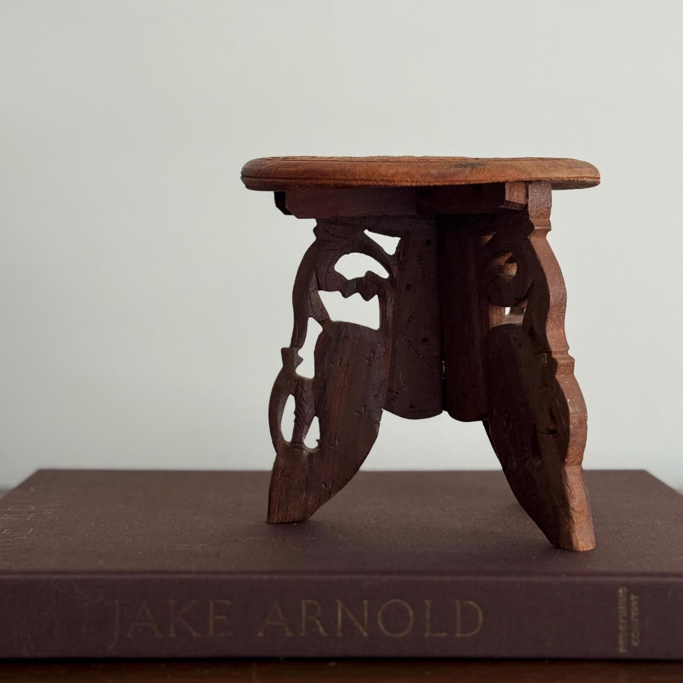 Vintage Hand-carved Wooden Plant Stand | Indian Inlaid Floral Stool - Etsy