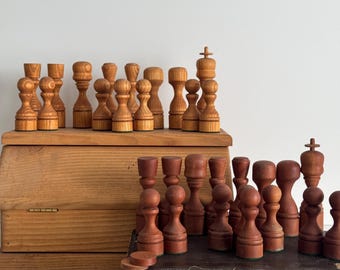 Handmade Vintage Handcarved Wooden Chess and Checkers Set