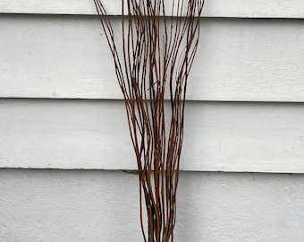 May include: A bundle of thin, brown, dried branches tied together at the base. The branches are a natural, earthy brown color and appear to be harvested. The background is a white, horizontal-planked wall.