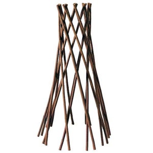 May include: A brown willow twig trellis for climbing plants. The trellis is made of woven twigs and is designed to support plants as they grow.