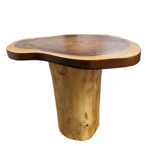 May include: A unique, handcrafted wooden side table. The table features a natural, organic shape with a dark brown top and a light brown, cylindrical base. The top is approximately 30 inches long.