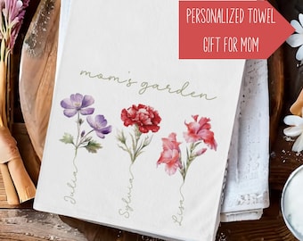 Custom Birth Flower Kitchen Towel, Gifts for Mom Grandma, Mothers Day Gift, Moms Garden, Personalized Gifts for Her, Birthday Gift for Mom