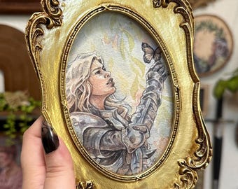 ORIGINAL Female Knight Watercolor Painting | Hand Painted Medieval Maiden Art | Gold Ornate Vintage Style Frame Home Decor Gift Idea