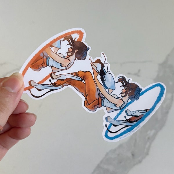 Portal Inspired Chell Falling Large Sticker | Blue & Orange Nerd / Geek / Video Game Laptop, Journal, Water Bottle Decoration Gift Idea