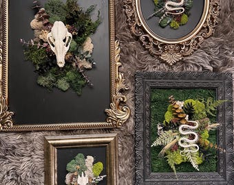 CUSTOM Skull Art | REAL Animal Skull w/ Mosses & Flowers | Gothic Home Decor | Witchy / Dark Cottagecore / Occult / Horror Wall Hanging