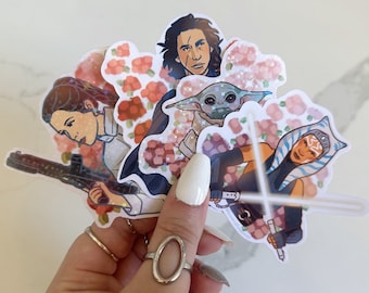 11 OPTIONS! Disney Star Wars Inspired Floral Character Stickers | Obi Wan, Leia, Padme, Grogu, Ahsoka etc | Laptop, Water Bottle Decoration