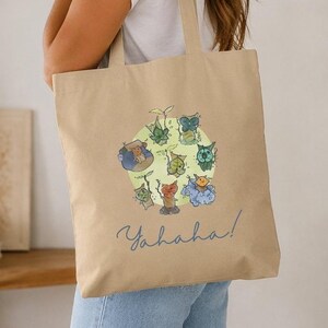 Cozy Zelda Korok Eco Tote Bag | Yahaha Bag | BOTW TOTK Inspired Forest Sprite Tote | Hand Drawn Nature-y Geek Art | Cozy Gamer Gift image 2