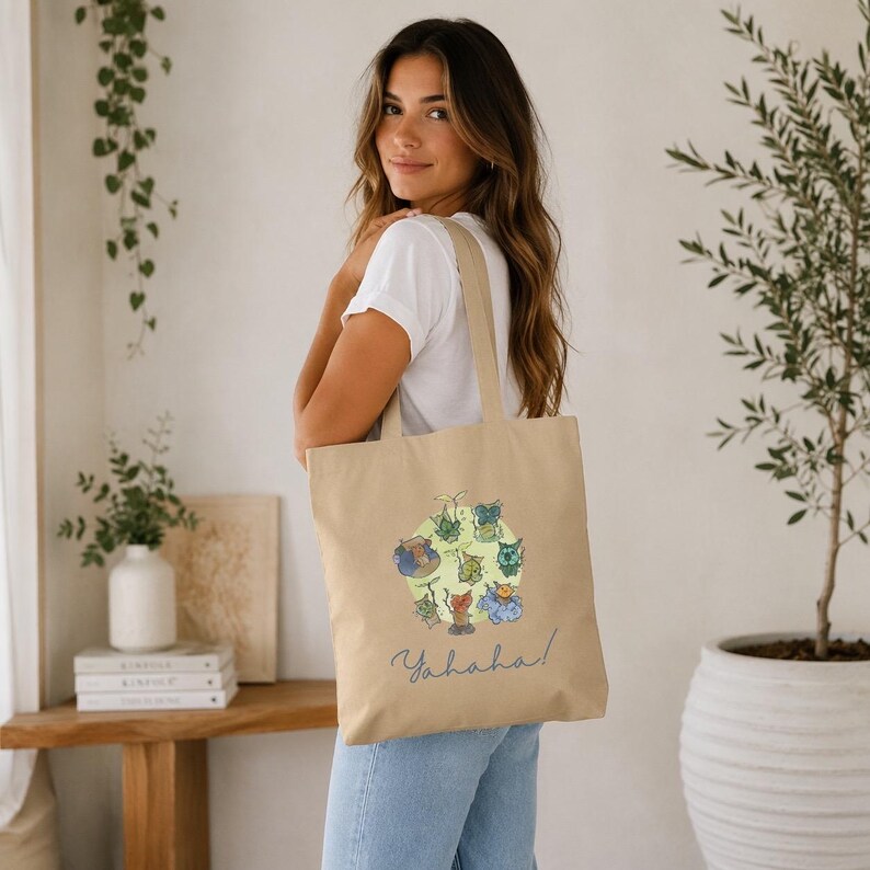 Cozy Zelda Korok Eco Tote Bag | Yahaha Bag | BOTW TOTK Inspired Forest Sprite Tote | Hand Drawn Nature-y Geek Art | Cozy Gamer Gift image 2