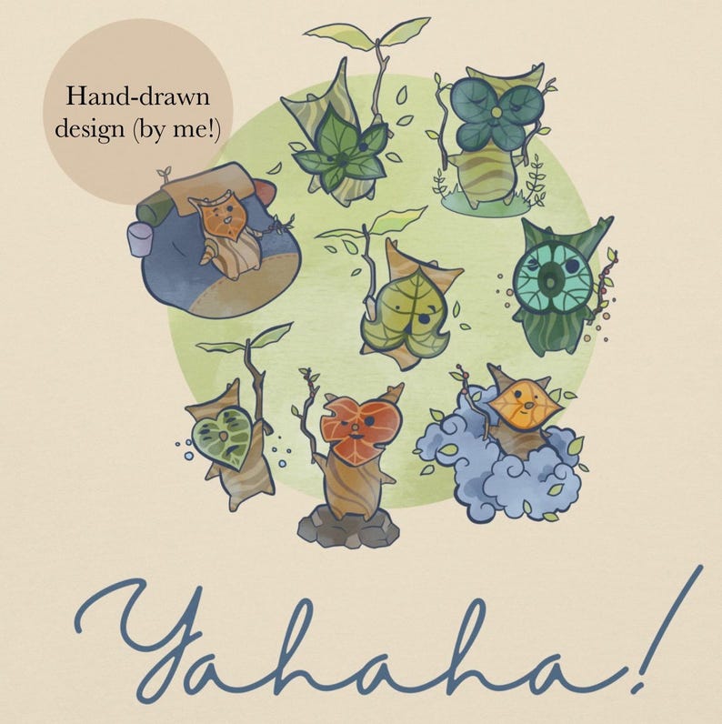 May include: A whimsical illustration featuring several cartoon-like creatures with leaf-like features and sprout-like appendages. The text "Hand-drawn design (by me!)" and "Yahaha!" are also present. The creatures are in various colors.