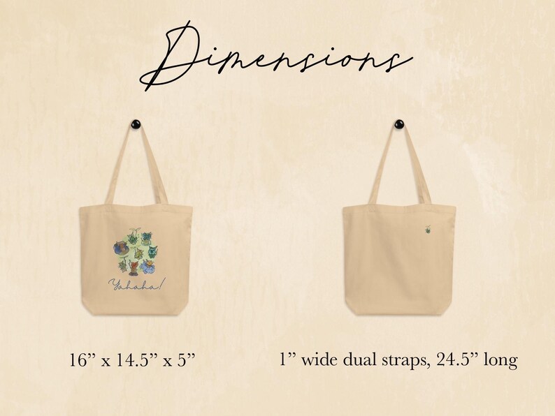 May include: Two beige canvas tote bags. One bag features a watercolor illustration with the word "Yahaha!" below. The other bag is plain. The bags have 1-inch wide dual straps, 24.5 inches long. The illustrated bag is 16" x 14.5" x 5".