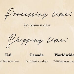 May include: Cream-colored background with black script text detailing processing and shipping times. The text includes "Processing time: 2-5 business days" and "Shipping time: U.S. 3-7 business days, Canada 5-10 business days, Worldwide 7-20 business days."