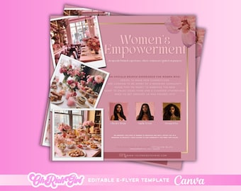 May include: Pink flyer with gold accents promoting a Women's Empowerment event. The flyer features photos of a dessert table with pink flowers and three women. The text reads "Women's Empowerment" and includes information about the event.