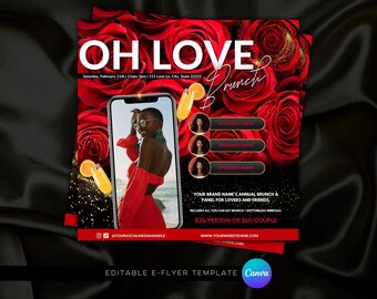 Galentines Brunch Flyer | Red, Black & Gold Canva Template