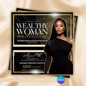 Luxury flyer | Wealthy Woman | Canva Flyer Template | Customizable | Black and Gold | Women&#39;s Event | Masterclass flyer | bundles and lashes