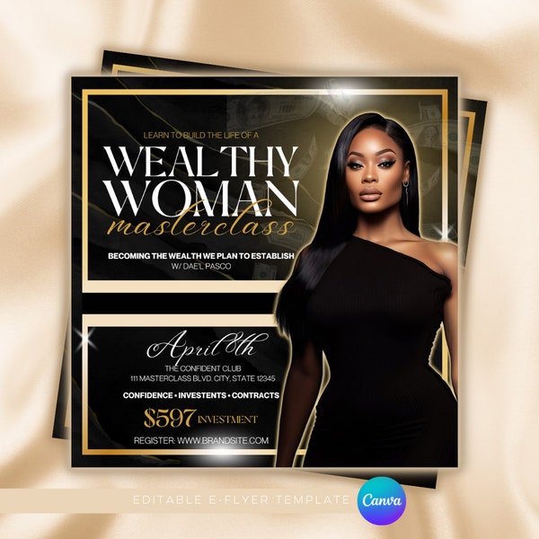 Luxury flyer | Wealthy Woman | Canva Flyer Template | Customizable | Black and Gold | Women's Event | Masterclass flyer | bundles and lashes