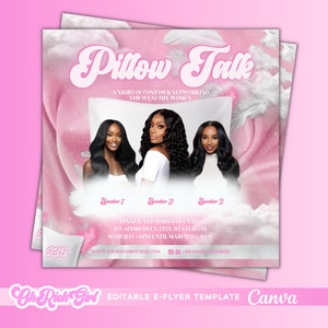 May include: Pink and white flyer with the text "Pillow Talk" in a pink and white cloud background. The flyer advertises a networking event for wealthy women. The flyer includes the text "A night of conversation & networking for wealthy women".