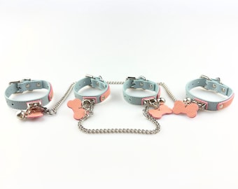 Echtleder Handschellen & Fußfesseln Set mit Knochen Anhänger und Glocke, BDSM Restraint Kit