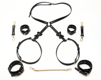 Leather Hogtie Restraints Set, Garter Belt with Cuffs, Mature Gift