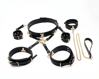 Luxury Genuine Leather Restraint Set, Collar, Cuffs, Belt, Thigh Straps