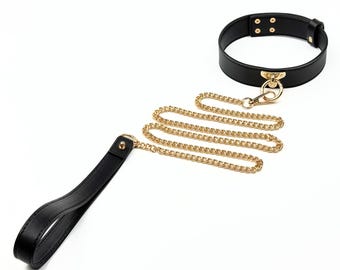 Handmade Genuine Leather Choker & Gold Chain Leash Set