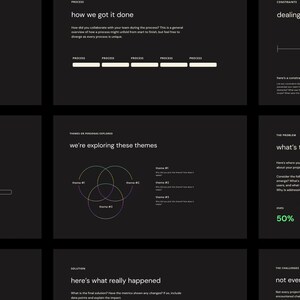 May include: A presentation slide deck with a black background and green and white text. The slides cover topics such as project structure, dealing with constraints, and exploring themes. The slides also include a Venn diagram and a bar chart.