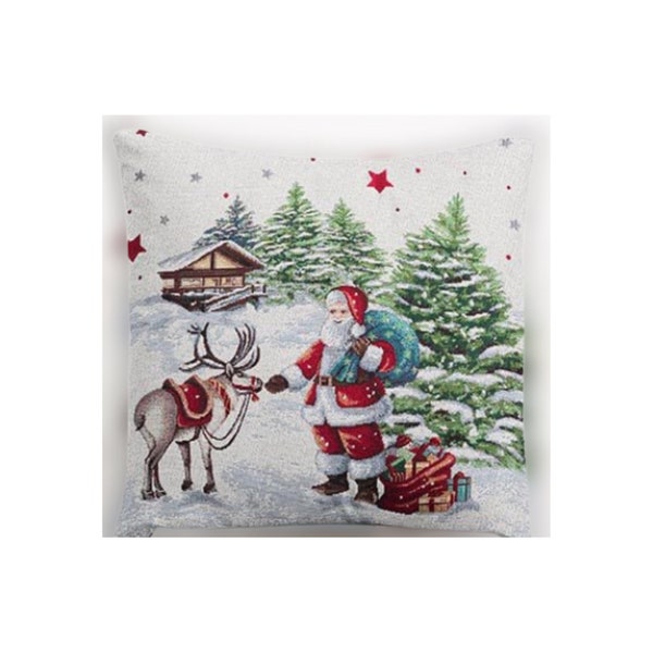 Housse de coussin de Noël, en tissu d'ameublement - motif Père Noël et son renne