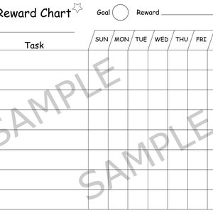 May include: A black and white printable reward chart with the title "My Reward Chart". The chart has a space for a name, a task, and a goal. There are columns for each day of the week, and a row for each task. There are stars on the right side of the chart.