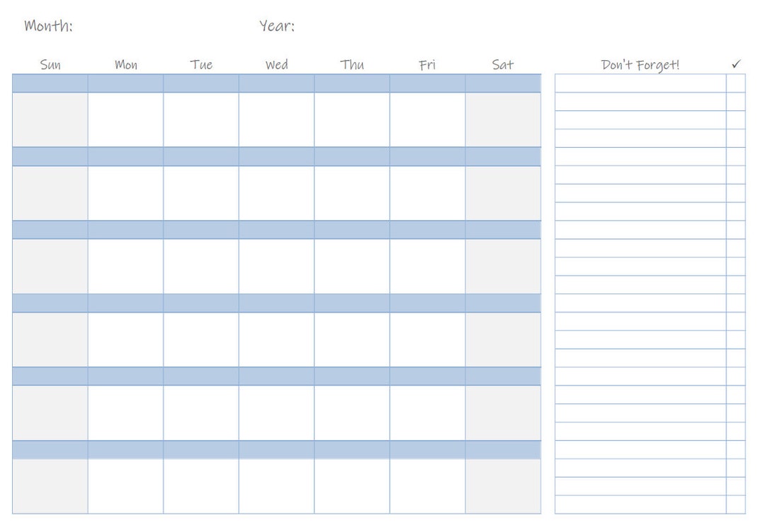 Calendar Template, Blank Calendar, PDF, Digital, Empty Calendar, Simple ...
