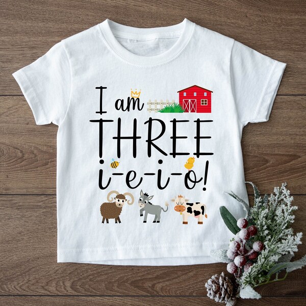 I'm three-i-e-i-o! Shirt, 3rd Farm Boy Birthday Party Tshirt, Little Farmer Kids Tee, Barn Animals Third Birthday Boy T-Shirt ,Animal Farmer