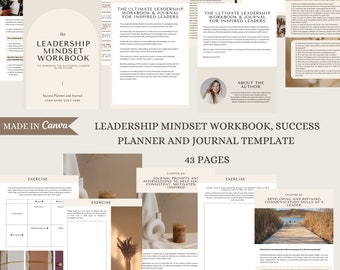 Puede incluir: Una plantilla digital de cuaderno de trabajo y diario para el desarrollo del liderazgo. La portada presenta un fondo beige con un arco marrón y el texto "The Leadership Mindset Workbook" en una fuente blanca sin serifas. El texto "Success Planner and Journal" está debajo del título en una fuente más pequeña. El texto "Made in Canva" está en una fuente blanca sin serifas sobre un fondo marrón con un arco blanco. El cuaderno de trabajo está diseñado para ayudar a los líderes a desarrollar sus habilidades y alcanzar sus objetivos.