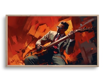 May include: A painting of a man playing a bass guitar in a red and orange abstract background. The man is wearing a suit and glasses.