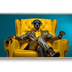May include: A black dog wearing sunglasses and a gray suit sits in a yellow armchair against a blue background.
