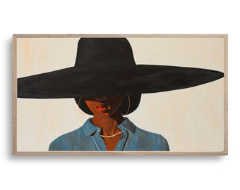 May include: A painting of a person wearing a large black hat that covers their eyes. The person is wearing a blue shirt and a pearl necklace. The background is a light beige color.