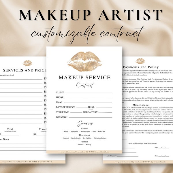 MUA Contract, Makeup Artist Contract Template, 3 Page DIY Canva Template, Makeup Artist Business Template, Freelance Makeup, Consent Release