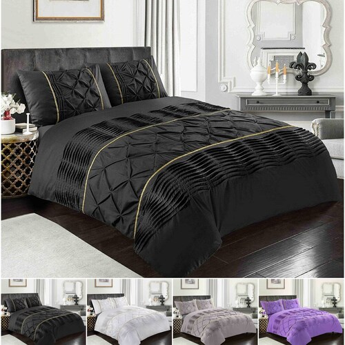 Luxurious Pintuck Pleated Gold Laced Duvet Quilt Cover Bedding Set With Pillowcases Polycotton Fancy Diamond Pinched Single Double King