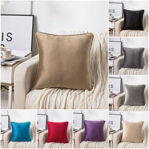 May include: A selection of square velvet cushions in shades of tan, black, grey, teal, red, purple, and beige. Each cushion features a contrasting trim. The cushions are displayed on a cream-coloured sofa.
