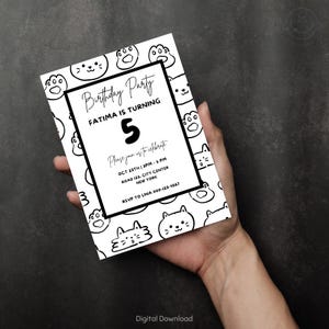Black and White Cat Birthday Invitation - Doodle Kitty Canva Template - Editable Minimalist Party Invite - Cute Printable Digital Card