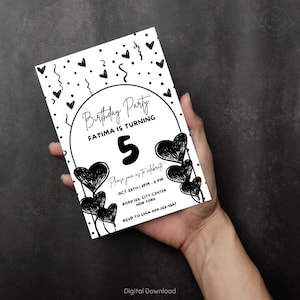 Minimalistische Schwarz-Weiß-Herz-Geburtstagseinladungskarte - Elegante Canva-Vorlage - Bearbeitbares druckbares digitales Party einladen Design