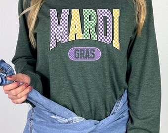 Checkered Mardi Gras 2026  Long Sleeve, Mardi Gras Shirt, Mardi Gras Varsity Tee, Louisiana Shirt, Fleur de lis Shirt