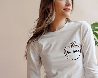 Custom Teacher Long Sleeve Tee,Teacher Name Shirt,Teacher Pocket Apple,Minimalist Teacher Tee, Teacher Gift, Personalized Teacher Name Shirt
