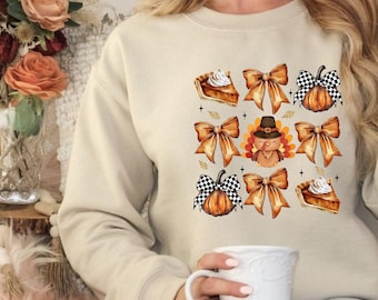 Retro Thanksgiving Sweatshirt, Retro Fall Pumpkin Bow Sweater, Fall Coquette Bow Tee, Turkey Sweatshirt, Autumn Girly Sweatshirt