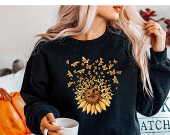 Sunflower Butterfly Sweatshirt, Butterfly Sweater, Mothers Day Gift, Sunflower Shirt, Floral Sweatshirt, Flowers Gift, Botanical Tee, Flower