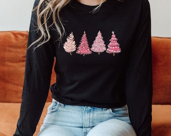 Pink Christmas Trees Long Sleeve Tee, Christmas Tree Shirt, Womens Shirt, Christmas Gifts, Christmas Lover, Gifts for Her