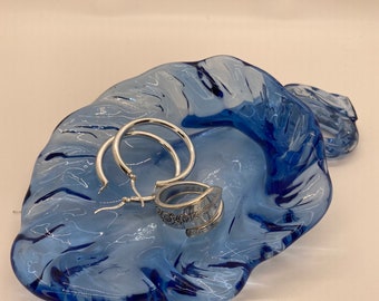 Blue blown glass flower, trinket dish, soap dish, small vase, vintage glass, vintage storage