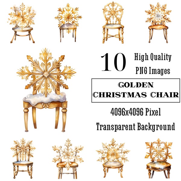 Golden Christmas Chair Watercolor Clipart, 10 Transparent PNG files, Instant Download, Christmas Decor, Winter Holidays Graphics, Printables