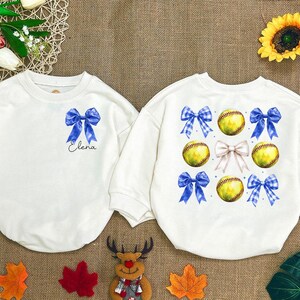 Personalized Softball Bow Romper Sweatshirt, Custom Coquette Softball Baby BOdysuit, Game Day Softball, Game Day Vibe, Newborn, Baby Clothes